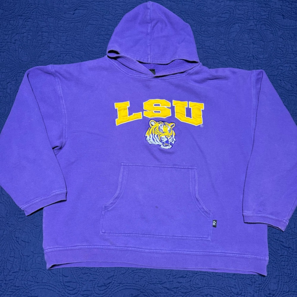 Vintage Team Starter LSU Tigers Hoodie Purple Mike the Tiger Mens 2XL Stained